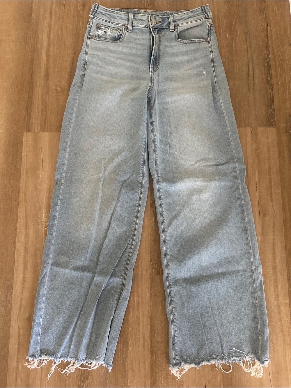 American Eagle Outfitters Light Blue Baggy Wide-Leg Jeans with Frayed Hem